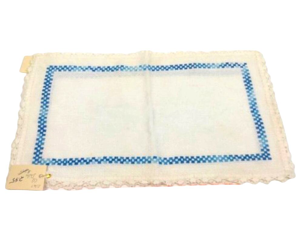 2 Handmade Doilies Embroidered w Crochet Trim 15" x 9.5" White Cottage Vintage